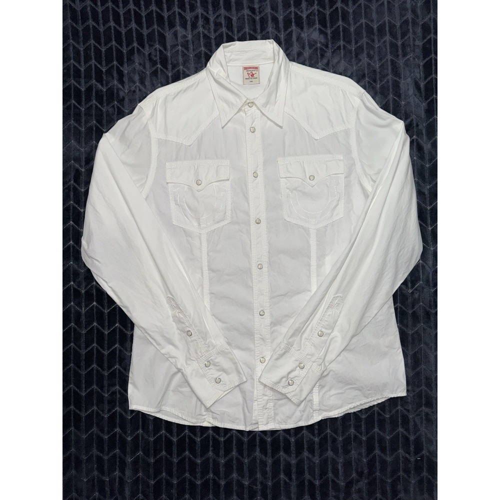 True Religion Mens White Pearl Snap Western Long Sleeve Shirt Pockets Sz 2XL